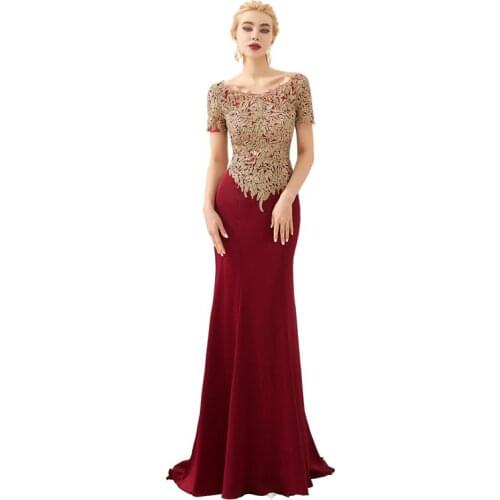 High Quality Scoop Neck Short Sleeve Mermaid Wine Robe de soiree Evening Dress Long Abendkleider Long dress Serene hill 49331