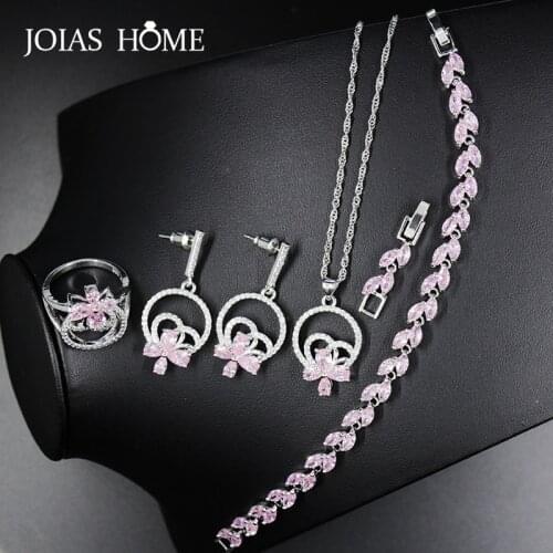 JoiasHome 925 sterling silver jewelry simple wild flower-shaped pink romantic new European and American bride jewelry set