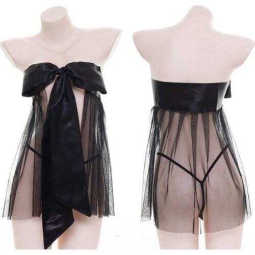 Ladies sexy net yarn sexy pajamas transparent nightdress wrapped chest open back big bow Harajuku home service solid color
