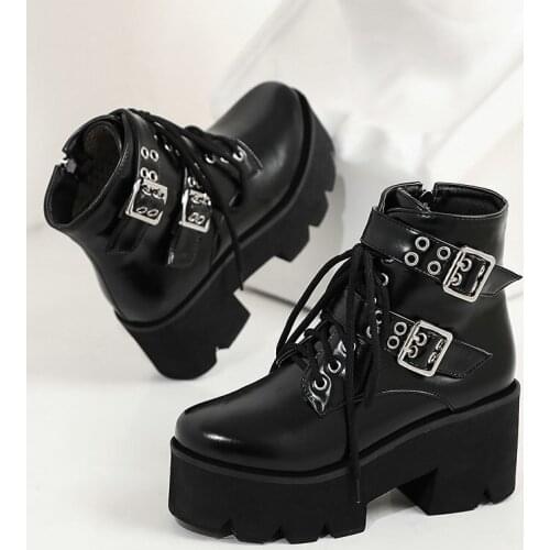 2020 Autumn Fashion Motorcycle Boots Women Platform Heels Casual Shoes Lacing Round Toe Shoes Ladies Winter Boots Black