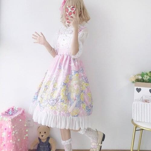 Cute Summer JSK Sweet Girls Lolita Dress Women Soft Girl Ruffled Straped Suspender Dress Cartoon Daisy Flower Dress AFC487