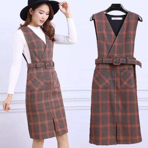 Sleeveless Plaid Woolen Dress 2019 Spring Autumn New Womens V-neck Belted Pocket Vest Dress Elegant Slim Office Women Dresses