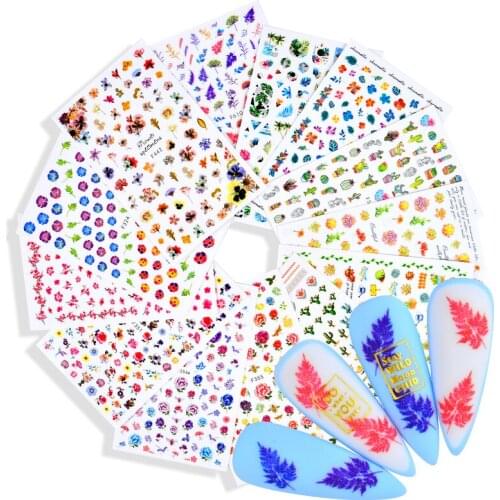 1pcs Colorful Flowers Nails Decals With Adhesive Spring Summer Theme Simple Green Leaves Tree Floral Sticker Nail Art Decoration