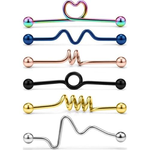 6pcs Industrial Barbell Earring Stainless Steel 14 Gauge Cartilage Earring Body Piercing Straight,Coil,Wave,Twister,Spiral,Heart