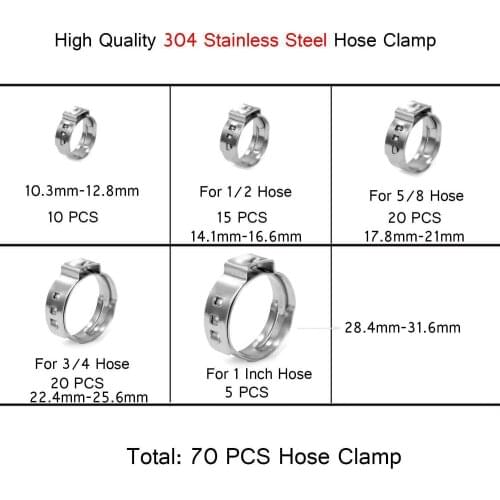 70Pcs 304 Stainless Steel Single Ear Stepless Hose Clamps Clamp Assortment Kit Crimp Pinch Rings for Securing Pipe Hoses