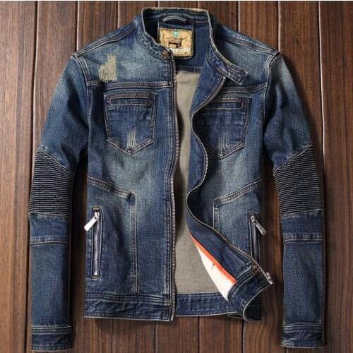 Biker Mens Motorcycle Denim Jacket Stand Collar Zipper Retro Slim Fit Young Man Jeans Coat Spring Autumn M-3XL