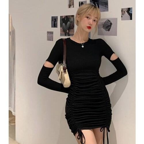 One Piece Women Korean Temperament High Waist Tight Vintage Sexy Bag Hip Hollow Out Fashion Dresses 2021 Spring Autumn Clothing