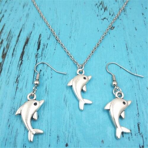 Dolphin Animal Vintage Earring Necklace Sets Jewelry Set Antique,Fashion Women Christmas Birthday Girl Gifts