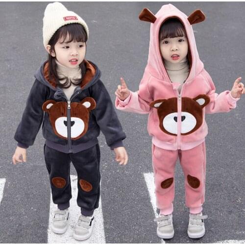 Baby clothes winter golden velvet cute bear hooded suit for baby boys and girls thick warm casual suits for baby boys and girls