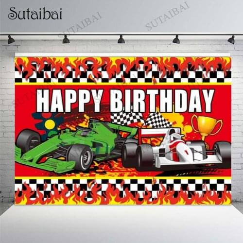Racing Car Birthday Backdrop Champion Flag Black White Grid Track Red Flame Background Boy Party Decoration Photography Banner