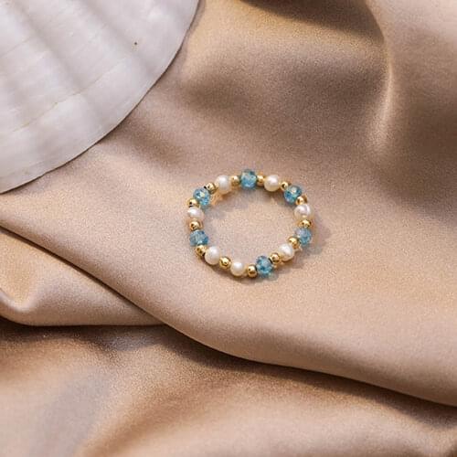 Simple Colorful Crystal Bead Rings Cute Minimalist Freshwater Pearl Elastic Ring For Women Party Gift Adjustable Jewelry