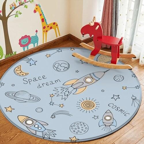 Top Brand Interest Rocket Space Pattern Children Flannel Blue Carpet Baby Hand Print Carpet Baby Play Mat Round Children Carpet