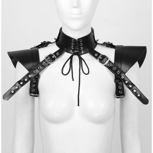 Mens Women Punk Faux Leather High Neck Armors Shoulder Chest Harness Belt Halloween Cosplay Costume Clubwear Performance Props