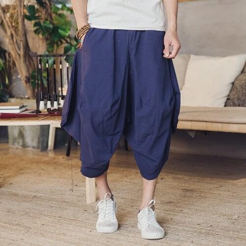 Mens Wide Crotch Harem Pants Men Pants Loose Large Cropped Trousers Wide-legged Bloomers Chinese Style Men Baggy Pants 2021