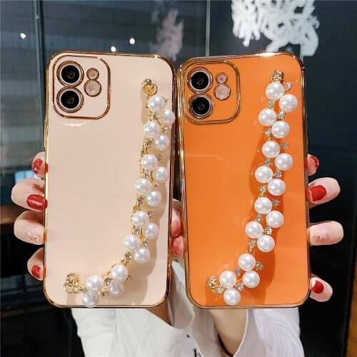 6D Plating Pearl Chain Phone Case For iPhone 12 Pro Max 11 Pro Max XR XS Max 7 8 Plus X 12 Mini Wrist Band Soft Silicone Cover