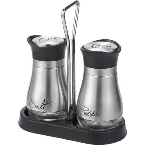 Salt and Pepper Shakers Set - High Grade Stainless Steel with Glass Bottom and 4 inch Stand - 4 inch x 6 inch x 2 inch, 4 Oz