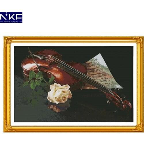 NKF The Violin and The White Rose Pattern Needlework Counted Cross Stitch Kits Embroidery Chinese Cross Stitch for Home Decor