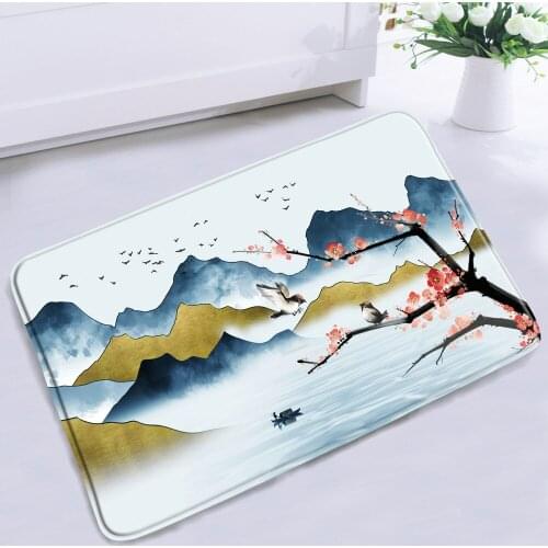 Chinese Style Scenery Bathroom Mat Ink Painting Mountain Water Flower Birds Home Floor Rugs Non-slip Bath Kitchen Mats Carpet