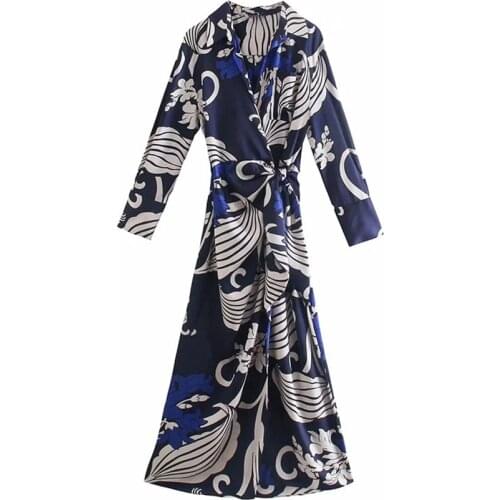 Nlzgmsj Za Women 2021 Chic Fashion With Sashes Pleated Print Midi Dress Vintage Long Sleeve Vents Hem Female Dresses 202108