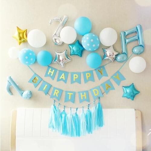 1 set baby boy girl party room decor supplies with paper birthday banner Tissue Paper Tassel Garland 10'' latex globos star ball