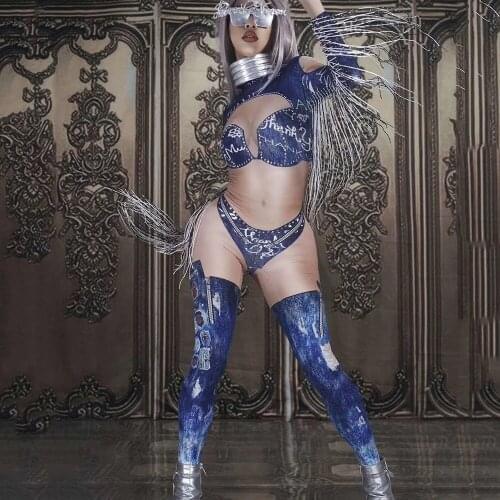 Letter Pattern Printing Tights Jumpsuit Denim Blue Long Sleeve Bodycon Nightclub Dance Show Wear Ladies Performance Stage Wear