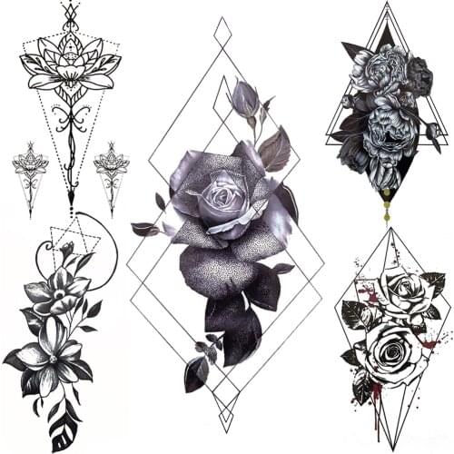 Geometric Temporary Tattoo For Women Black Peony Rose Flower Fake Tattoos Sketch Waterproof Diamond Flash Tatoo Body Sleeve Back