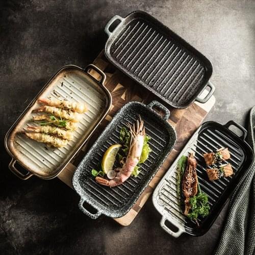 Japanese ceramic baking pan double-handle anti-scalding oven dedicated bakeware baked rice tray home dinner plate skewers tray