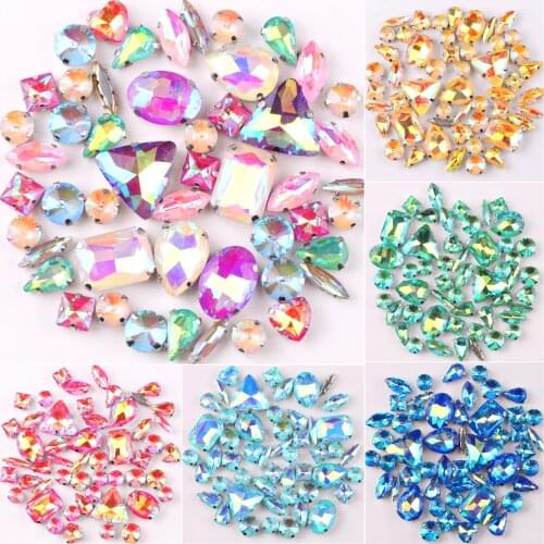 Silver claw setting jelly candy AB colors 50pcs/bag shapes mix glass crystal sew on rhinestone wedding dress shoes bag diy trim