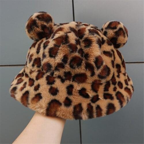 Girl Fashion Winter Bucket Hat Bear Ear Ball Hairy Leopard Hat Soft Faux Fur Plush Fisherman Cap Autumn Winter Outdoor Accessory