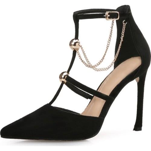 Womens Sandals Shallow Mouth Black Suede Word Buckle A Single Shoes Hollow Chain Sexy Pointed High Heels