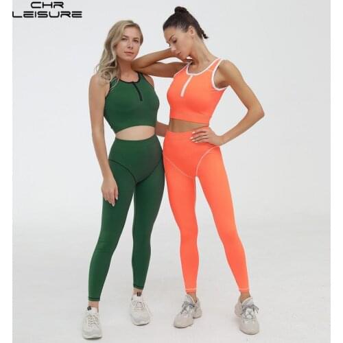 CHRLEISURE Woman Clothes Outfits Contrast Stitching Sports Fitness Suit Two Piece Set Summer Women Sets Clothes 2021