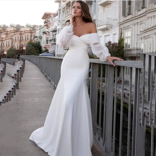 Fanweimei Satin Mermaid Wedding Dresses Long Fuff Sleeve Sexy Lace Beach Bride Dresses Off The Shoulder Boho Bridal Gowns