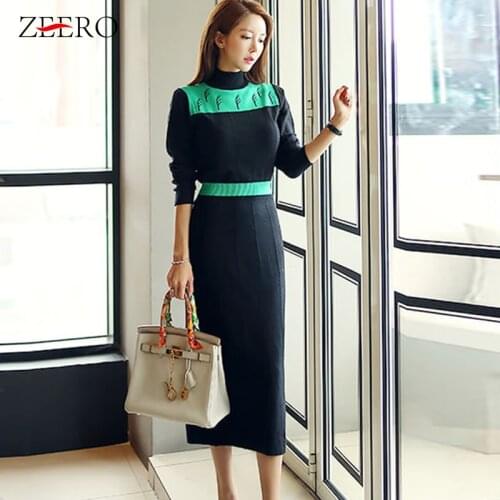 2020 Autumn Women Party Sweater Dress Korean Contrast Color Turtleneck Long Sleeve Silm Ladies Long Robe Knitting Winter Dresses
