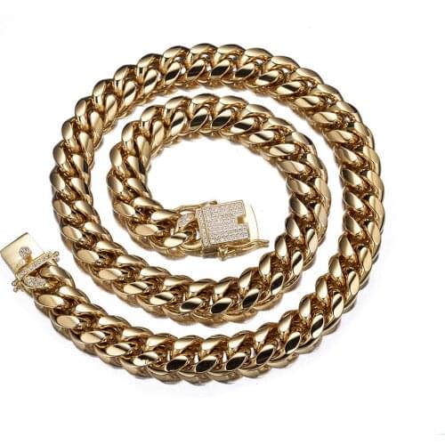 12MM Wide Gold 3116L Stainless Steel Curb Cuban Miami Link Chain Mens Fashion Rhinestone Bracelet & Necklace Jewelry Gift 7-40"