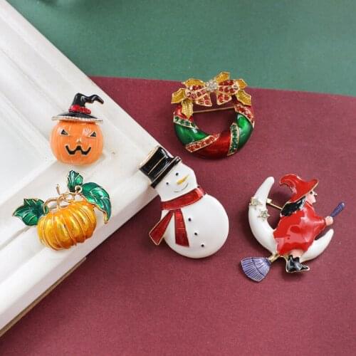 Halloween Brooch Decoration Gifts Surprise Accessories Pumpkin Lanter Lmp Witch Snowman Bow Anadem Inlaid Zircon Colorful Pins