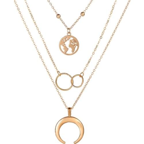 Trendy Geometric Crescent Moon Map Necklaces for Women Female Multi Layered Gold Silver Color Clavicle Chains Necklace Jewelry