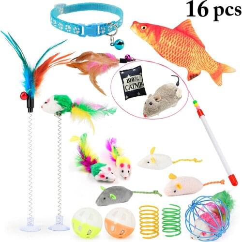 16 Pcs/Set Cat Toy Interactive Cat Spring Toy Funny Kitten Teaser Wand With Feather Kits Pet Bell Ball Toys For Cat Supplies