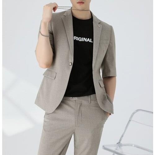 Summer mens high-quality half-sleeved dress suit male luxury fashion striped slim-fit wedding formal suit 2 pcs set Jacket pants
