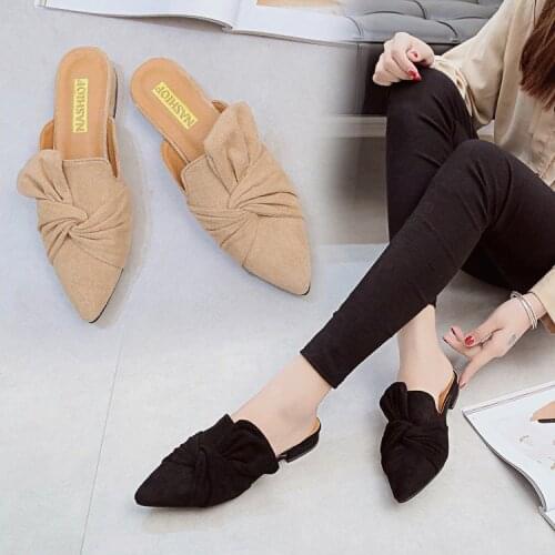 Sandals Women Summer Mules Shoes Women Suede Slide Flock Slippers Female Mules Low Heels Pointed Toe high quality slippers