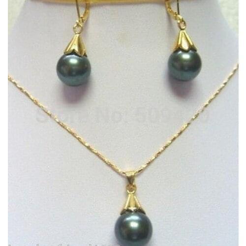 WholesaleNew Fashion 12mm Black shell pearl pendant Necklace earring set