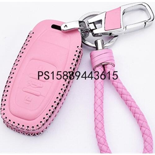 Pink Leather Cover Holder Shell for AUDI Smart Remote Key Case 3-Btn W/ KeyChain