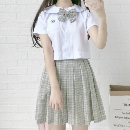 Japanese College JK Uniforms Bow Tie Doll Collar Short Sleeve Shirt Plaid Pleated Skirt Suit Female Summer school girl skirt