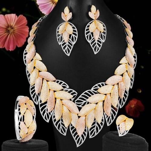 Blachette Fashion Nigerian African Zircon Wedding Elegant Leaf Feather Necklace Bracelet Earrings Ring Jewelry Set High Quality