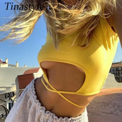 Tinastyle sexy hollow out camisole women crop top o neck sleeveless summer party club tank top white bandage vest female tee