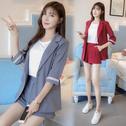 2021 Summer Stripe Suit Suit Ladies Office Uniform Korean Womens Slim Small Suit High Waist Shorts Office Uniform Two-piece Suit