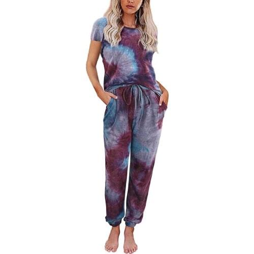 Women Winter Pajama Set Tie-Dye Home Suit Long Sleeve Pullover Tops+Full Length Pants Female 2 Piece Sets Plus Size For Women