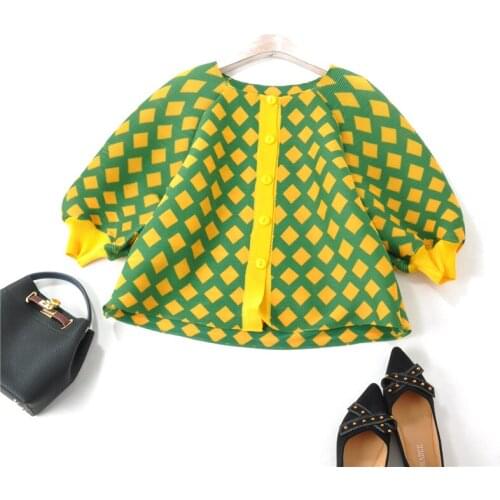 HOT SELLING Pleated womens coat open Geometric rhombus plaid print lantern sleeve coat IN STOCK