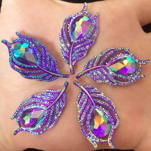 New 10PCS AB Resin 3D Peacock Feathers Flatback Rhinestone Wedding DIY Buttons W191