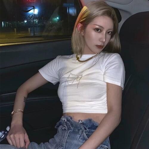 Women Summer Solid Color Letter Chain Cotton Crop T-Shirt Ladies Fashion White Short Sleeve Tops Female Casual Black Tees ML52
