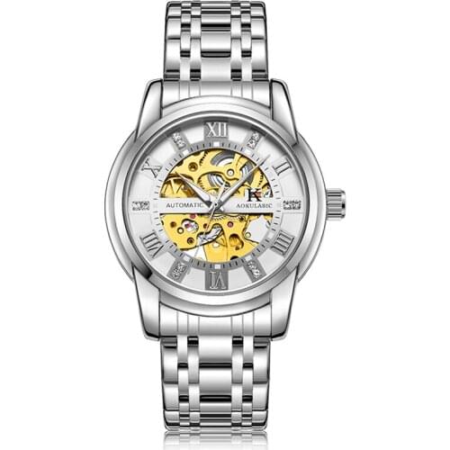 Gorben Men Automatic Skeleton Mechanical Watch Stainless Steel Band Male Self-winding Mechanical Clock Wristwatch